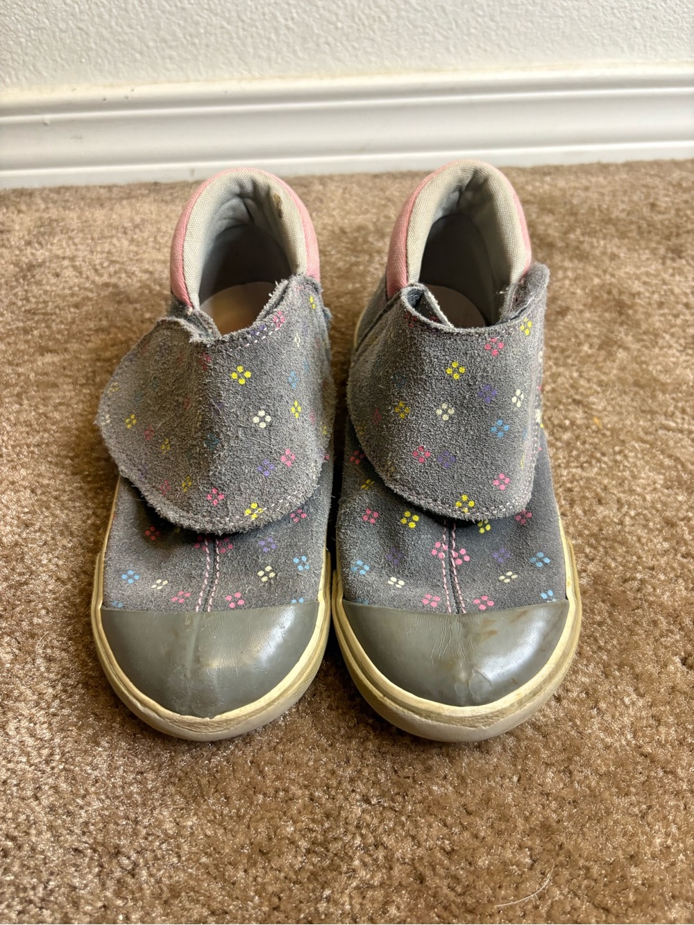 See Kai Run Grey Suede Floral Velcro Boots with Pink Trim
